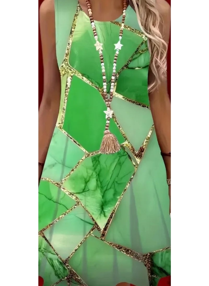 Elegant Summer Sleeveless Giometric pattern Emerald Green Golden Dress  Mid-length - Image 1